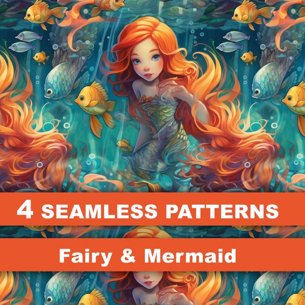 Whimsical Fairy and Mermaid Digital Seamless Digital Pattern, wallpaper, texture, background, paper,  4 PNG