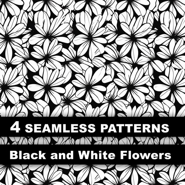 Monochrome Blooms: Elegant Black and White Flowers, Seamless Pattern, wallpaper, texture, digital, background, 4 PNG