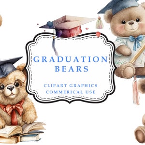 Lindos y tiernos graduados: paquete de imágenes prediseñadas de acuarela de graduación de osito de peluche