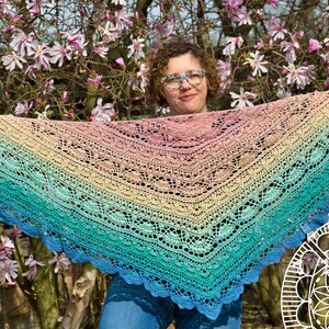 large, triangle rainbow-colored crochet shawl, scarf with cotton fibers, versatile for casual and special occasions, not only for summer