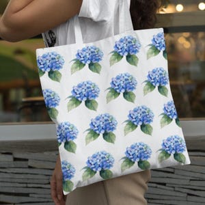 Bolsa de playa con hortensias azules, bolsa para libros, bolsa de mano para profesores, bolsa de mano con flores, bolsa de lona, accesorios de viaje, bolsa de compras, regalos para amigos, regalos para ella