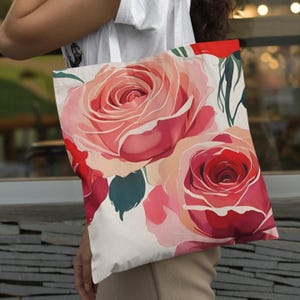 Red Rose Print Beach Bag Book Bag Teacher Tote Bag Floral Tote Bag Canvas Bag Travel Accesories Shopping Bag Gifts For Friends Gifts For Her