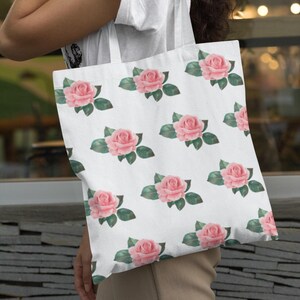 Pink Rose Beach Bag Book Bag Teacher Tote Bag Floral Tote Bag Canvas Bag Travel Accesories Shopping Bag Gifts For Friends Gifts For Her