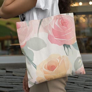 Rose Print Beach Bag Book Bag Teacher Tote Bag Floral Tote Bag Canvas Bag Travel Accesories Shopping Bag Gifts For Friends Gifts For Her