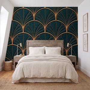 Bold Art Deco Teal Gold Shell Wallpaper Mural, Gatsby Style, Peel and Stick Scallop Fan Print, Dark Teal Velvet Glam Wall, Luxe 1920s Decor
