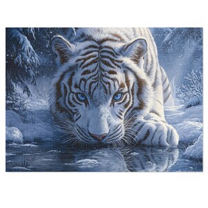 White Tiger Snow Jigsaw Puzzle: Winter Wildlife Art, Tin Design image 5