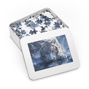 White Tiger Snow Jigsaw Puzzle: Winter Wildlife Art, Tin Design image 7