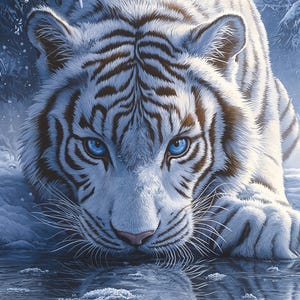 May include: A white tiger with blue eyes stares intently at the camera. The tiger is lying down in a snowy forest setting, with its head and paws visible. The tiger's fur is white with black stripes, and its eyes are a piercing blue.