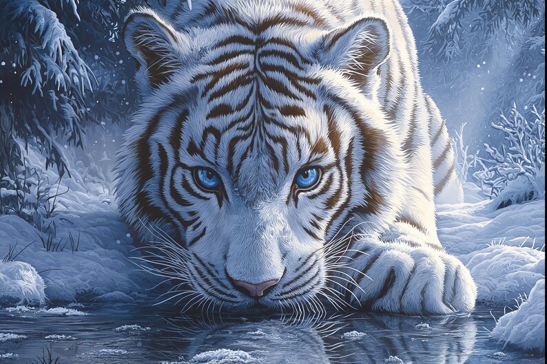 May include: A white tiger with blue eyes stares intently at the camera. The tiger is lying down in a snowy forest setting, with its head and paws visible. The tiger's fur is white with black stripes, and its eyes are a piercing blue.