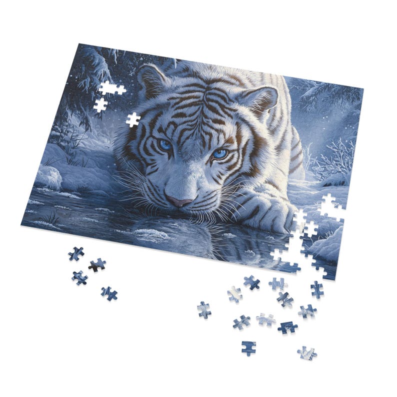 White Tiger Snow Jigsaw Puzzle: Winter Wildlife Art, Tin Design image 6