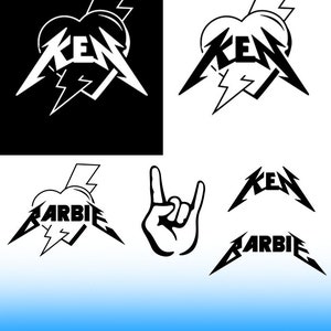 May include: Black and white graphic design featuring the words "Ken" and "Barbie" in a heavy metal style font. The designs include lightning bolts and hearts.