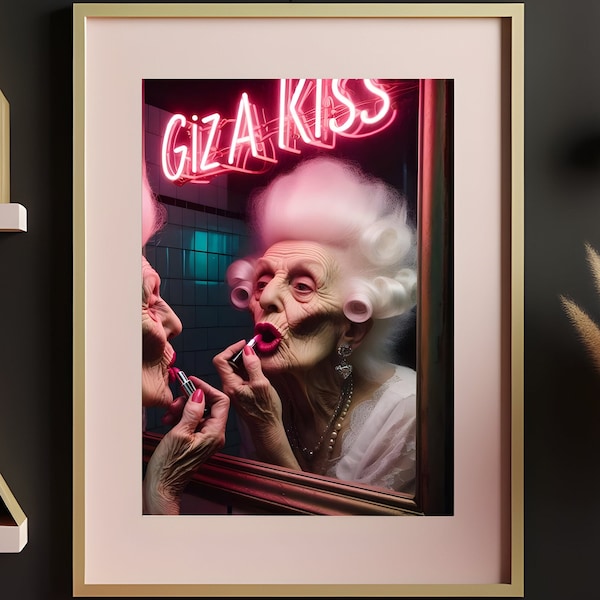 Gis a Kiss Print - Dressing Table Art Print, Neon Sign, Unusual Wall Art, Makeup Poster, Old Lady Vintage Photograph, Gallery Wall Ideas