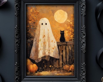 Geest met zwarte kat herfstafdruk - herfst seizoensdecor, gotisch woondecor, Halloween-afdruk