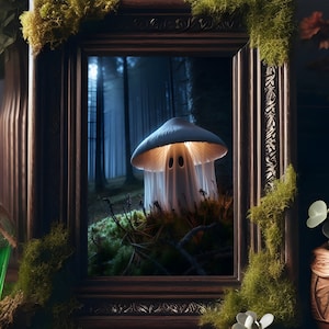 Impresión fantasma de setas del bosque - Arte de pared espeluznante, cartel de setas Cottagecore, decoración del hogar Goblincore, decoración gótica del hogar, arte caprichoso del bosque