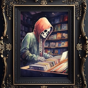 El vinilo está muerto, impresión de esqueleto retro, cartel vintage, regalo de amante del vinilo, decoración gótica, presente de humor oscuro
