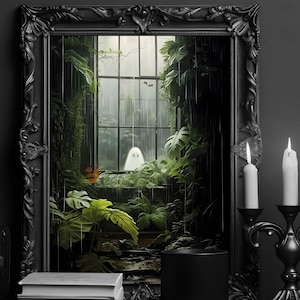 Botanischer Cottagecore Geist Druck - Süßer Geist Draußen Hineinschauen, Gothic Druck mit Monstera und Farnen, Gruselige Wandkunst