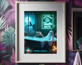 May include: A framed illustration of a ghost taking a bath in a blue bathtub with a neon sign that reads "Live Laugh Toaster Bath". The ghost is wearing a white sheet and holding a toaster. The background is a dark room with a window and a crow.