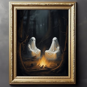 Geistergeschichten im Wald Druck, gruseliges Gothic Dekor, niedliches Geisterpaar Druck, Geister Wandkunst, dunkle Academia