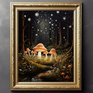 Esporas de hongos en la noche - Impresión de Cottagecore oscuro, Goblincore, Cartel botánico, Pintura al óleo vintage, Decoración Moody oscura, Setas