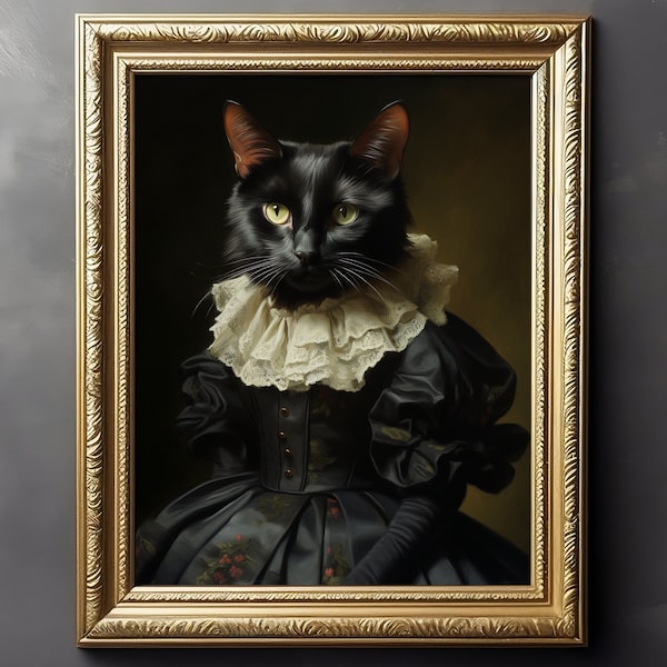 Chat gothique en robe - Dark Academia, Art Poster Print, Gothic Home Decor, Victorian Art, Witchy Decor