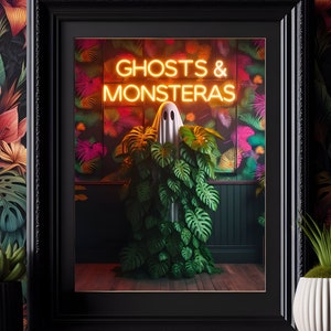 Geister & Monstera Neon Sign Print - Tropigoth Kunst Poster, Botanische Monstera Druck, Geist Druck, Maximalist Gothic Dekor