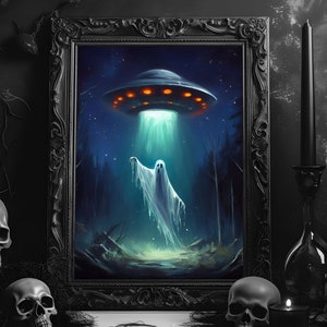 Entführt durch UFO Geist Druck, Dark Academia Kunst Poster, Cottagecore Dekor, Feature Wanddruck, Sci-Fi Alien Fliegen Untertasse Malerei