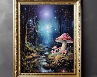 Mushrooms In Moonlit Forest - Dark Cottagecore Print, Goblincore, Botanical Poster, Vintage Oil Painting, Dark Moody Decor, Mushrooms