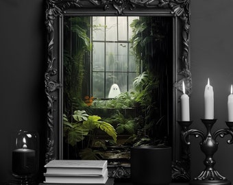 Impression botanique cottagecore fantôme - fantôme mignon regardant à l'extérieur, impression gothique avec monstera et fougères, art mural effrayant