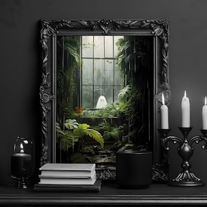 Botanical Cottagecore Ghost Print - Cute Ghost Outside Looking In, Gothic Print Out with Monstera and Ferns, Spooky Wall Art