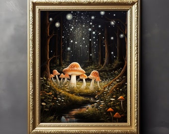 Mushroom Spores at Night - Dark Cottagecore Print, Goblincore, Botanical Poster, Vintage Oil Painting, Dark Moody Decor, Mushrooms