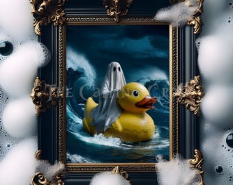 May include: A framed picture showing a yellow rubber duck with a ghost on it, sailing through rough seas. The frame is black with gold detailing, set against a backdrop of bubbles. The artwork has the text "The Catin' Crew".