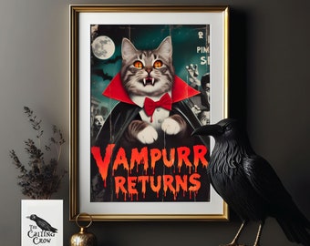 Vampurr Returns Vintage Movie Poster Print - Vampire Wall Art, Gothic Home Decor, Retro Film, Cat Gift, Witchy Aesthetic, Dark Academia