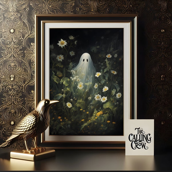 Cottagecore Ghost Flower Print - Spooky Ghost Standing In Wildlofwers Creepy, Dark Romantic, Cute Horrow Wall Art, Halloween