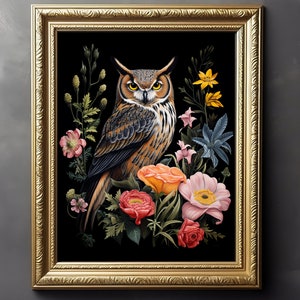 Lithographischer Druck, botanische Eule Wandkunst, dunkles gotisches Dekor, Lithographie, Cottagecore Stil Poster