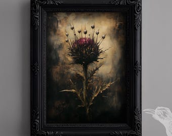 Arte mural gótico: El cardo vigilante, lámina botánica vintage, decoración gótica para el hogar, arte floral surrealista, decoración ocultista para el hogar, arte macabro