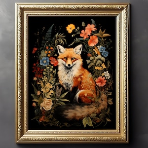 Lithographic Print, Botanical Fox Wall Art, Dark Gothic Decor, Lithography, Cottagecore Style Poster