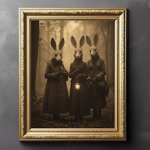 Spooky Rabbit Kult im Wald Vintage Fotografie, Dark Academia, Art Poster Print, okkulte Kunst, Gothic Home Decor, Witchy Aesthetic