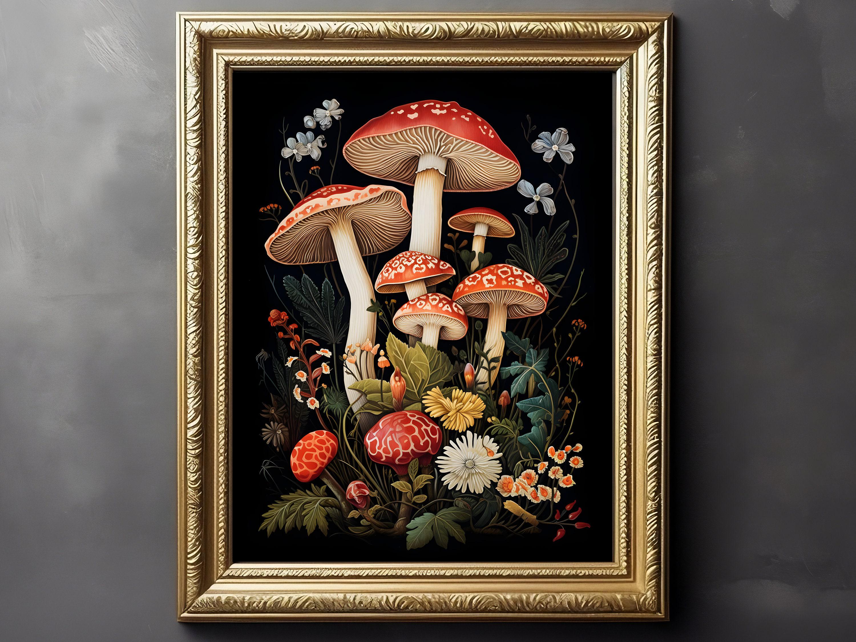 Lithographic Print, Botanical Mushroom Wall Art, Dark Gothic Decor, Lithography, Cottagecore Style Poster