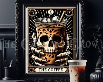 Impressão de cartão de tarô de café - presente de café gelado, impressão de café gótico, pôster de arte de caveira, decoração de casa gótica, impressão de arte escura, amantes de café, emo