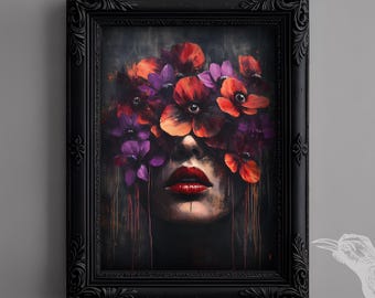 The Blooming Gaze – Gothic Floral Print Digital Download, Surreal Gothic Botanical Art, Dark Academia Wall Art, Wall Art Gift