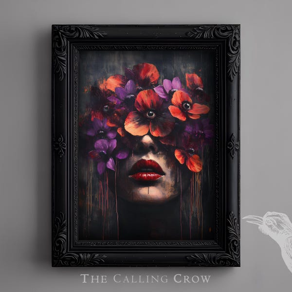The Blooming Gaze – Gothic Floral Print Digital Download, Surreal Gothic Botanical Art, Dark Academia Wall Art, Wall Art Gift