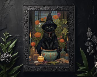 Black Cat Witch Print, Cottagecore Wall Art, Botanical Poster, Witchy Decor, Witch Aesthetic, Witchcore, Quirky Picture