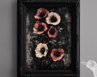 Botanische gotische print – vintage Victoriaans gotisch huisdecor, Witchy Dark Cottagecore, macabere surrealistische schilderkunst, gotische bloemenkunst aan de muur