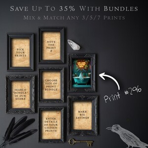 The image is a promotional advertisement for a store that offers a bundle deal for purchasing multiple prints. It features a variety of framed prints, including a note, a picture of a bathtub, and a bird, along with text instructions for customers to pick, search, and make savings.