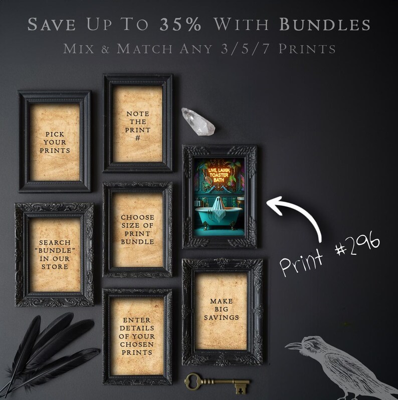 The image is a promotional advertisement for a store that offers a bundle deal for purchasing multiple prints. It features a variety of framed prints, including a note, a picture of a bathtub, and a bird, along with text instructions for customers to pick, search, and make savings.