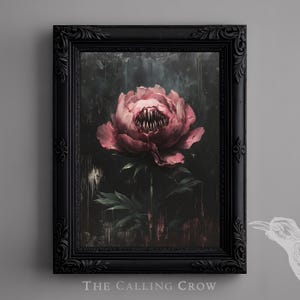 Sinister Peony – Gothic Floral Print, Dark Academia Botanical Art, Creepy Flower with Teeth, Vintage Oil Painting Style