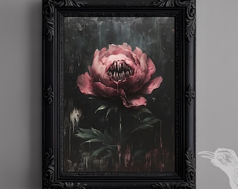 Sinister Peony – Gothic Floral Print Digital Download, Dark Academia Art Print, Creepy Flower with Teeth, Vintage Botanical Wall Art