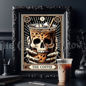 La impresión de la tarjeta del tarot del café - regalo de café helado, impresión de café gótico, cartel de arte del cráneo, decoración del hogar gótico, impresión de arte oscuro, amantes del café, emo