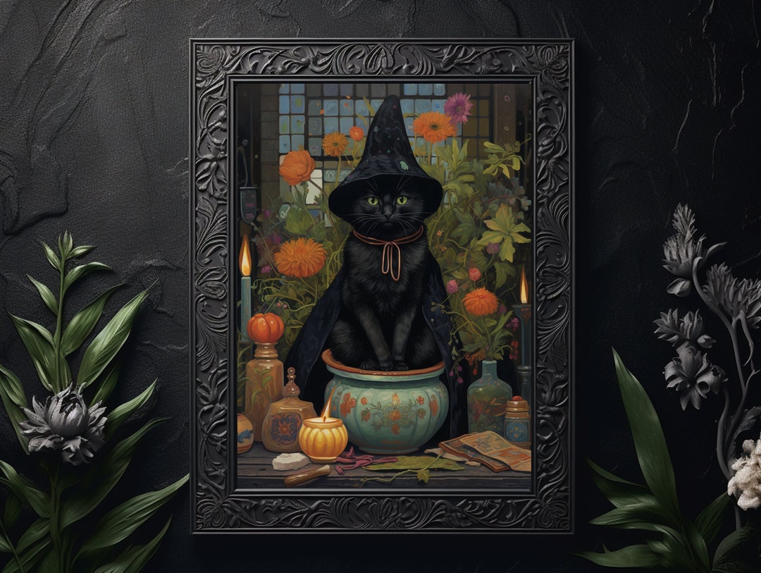 Black Cat Witch Print, Cottagecore Wall Art, Botanical Poster, Witchy ...