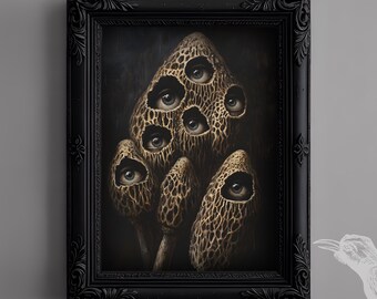 Surreal Gothic Mushroom Print - "The Watching Morels", Creepy Cottagecore Decor, Mycology Print, Dark Botanical Wall Art